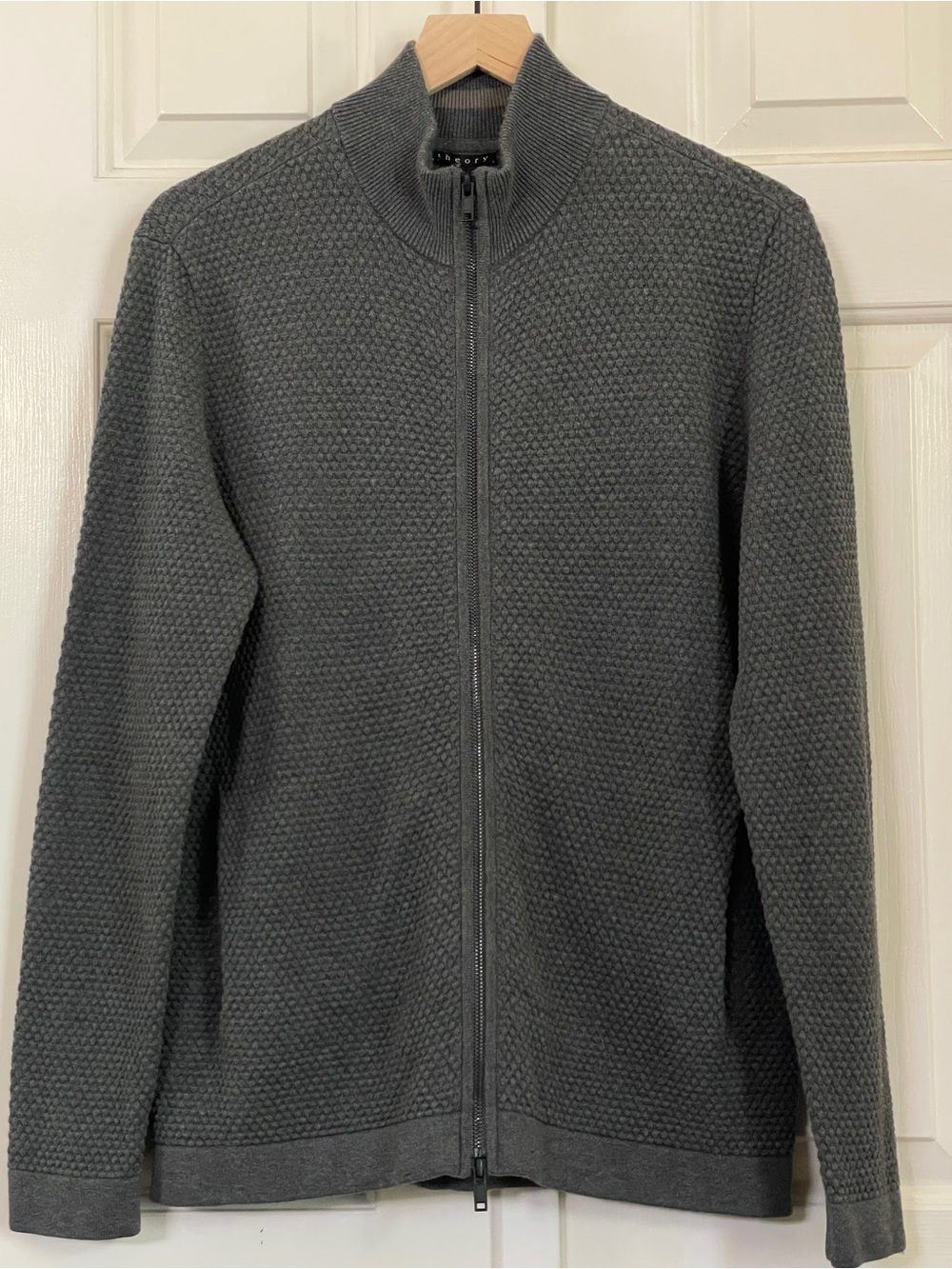 Theory Udeval Breach Men’s M Gray Waffle Knit Full Zip Mock Neck Sweater